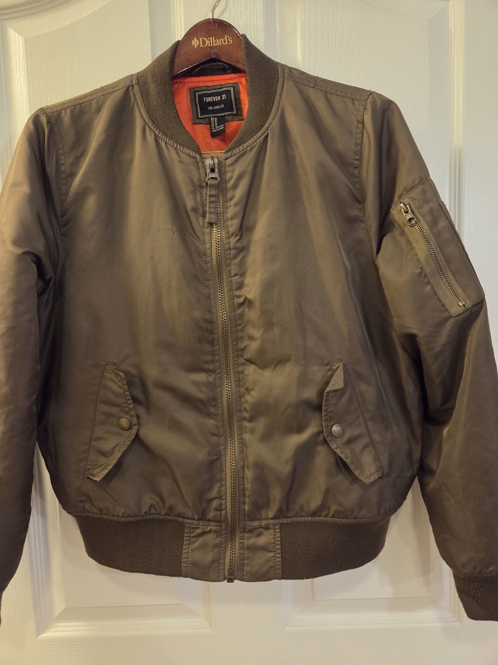 Forever 21 Women Olive Bomber Jacket with Orange Lining